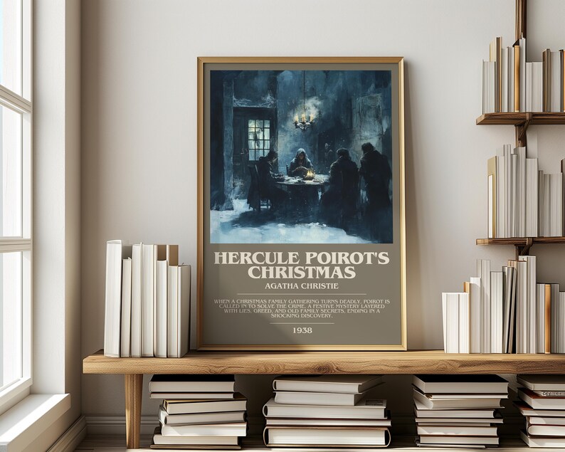 May include: A framed poster featuring the title "Hercule Poirot's Christmas" by Agatha Christie. The artwork depicts a dimly lit scene of people gathered around a table. The poster is displayed on a wooden shelf with books.