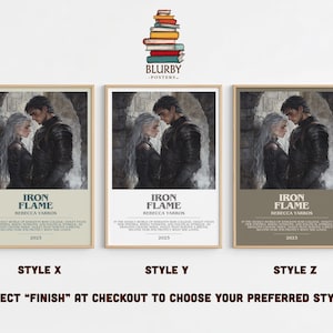 May include: Three framed posters featuring a couple from the book "Iron Flame" by Rebecca Yarros. Each poster has a different background color: beige, white, and taupe. The text "Iron Flame" and the author's name are displayed on each poster.