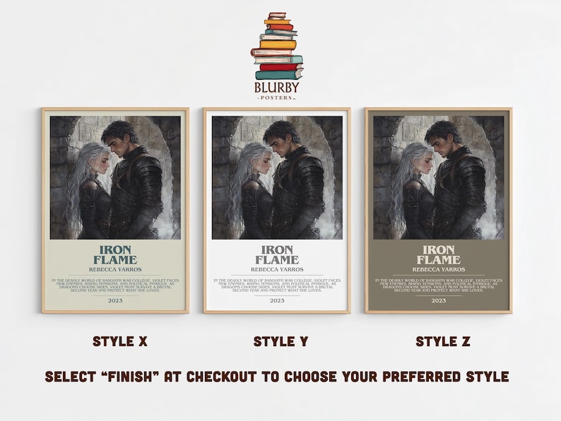 May include: Three framed posters featuring a couple from the book "Iron Flame" by Rebecca Yarros. Each poster has a different background color: beige, white, and taupe. The text "Iron Flame" and the author's name are displayed on each poster.