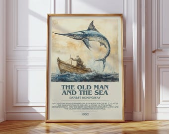 The Old Man and the Sea by Ernest Hemingway Modern Book Print Poster, Literary Fiction Literary Art, Reader Gift, Bookshelf Decor