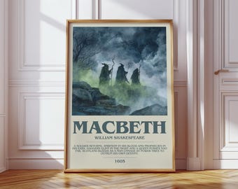 Macbeth av William Shakespeare modern boktryckaffisch, klassisk litteratur litterär konst, läsargåva, bokhylledekor