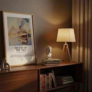 May include: A wooden cabinet with a framed poster of "DEATH ON THE NILE" and a watercolor painting of a boat. A lamp, books, and sculptures are also on the cabinet. The scene is illuminated by warm lighting.