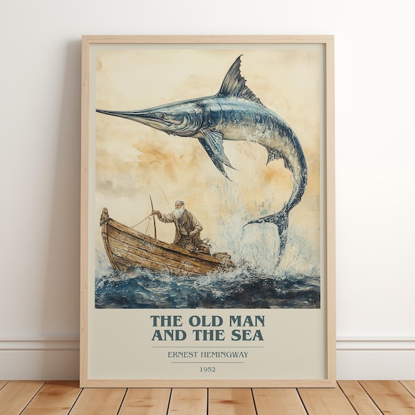 El viejo y el mar de Ernest Hemingway. Póster minimalista moderno, arte literario, regalo para amantes de la lectura, lámina para rincón de lectura.