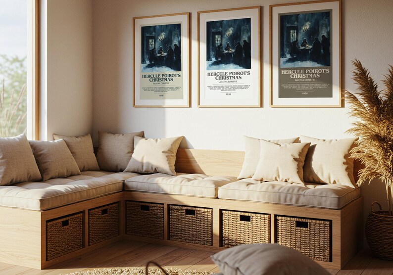 May include: A cozy reading nook with a built-in wooden bench, beige cushions, and woven storage baskets. Three framed movie posters with the text "Hercule Poirot's Christmas" hang above the bench, creating a warm and inviting space.