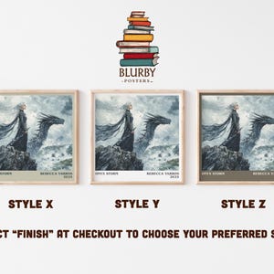 May include: Three framed art prints featuring a fantasy illustration of a woman and a dragon. The prints are labeled "Onyx Storm" and "Rebecca Yarros 2025". The image also includes the text "Select 'Finish' at checkout to choose your preferred style."