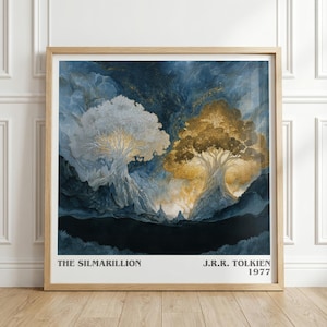 May include: A framed art print depicting a fantasy landscape with two stylized trees, one silver and one gold, set against a dark blue and grey background. The print is titled "THE SILMARILLION" and signed "J.R.R. TOLKIEN 1977".