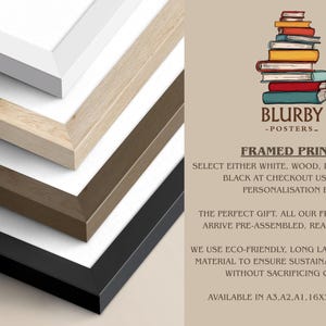 The image is an advertisement for framed prints, showcasing various wood and black frames available in different sizes.