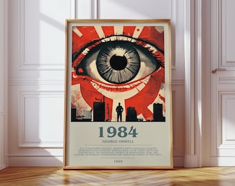 1984 door George Orwell Modern Book Print Poster, dystopische literaire kunst, lezerscadeau, boekenplankdecor