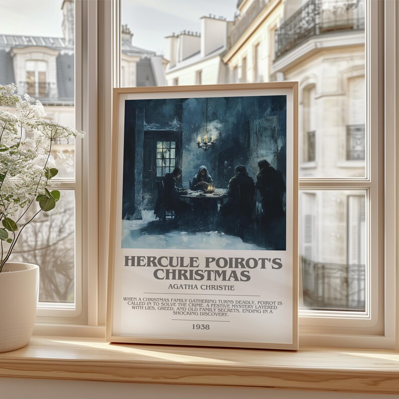 May include: Framed poster featuring a scene from Agatha Christie's "Hercule Poirot's Christmas." The artwork depicts a dimly lit room with figures gathered around a table. Text on the poster includes the title, author, and the year 1938.
