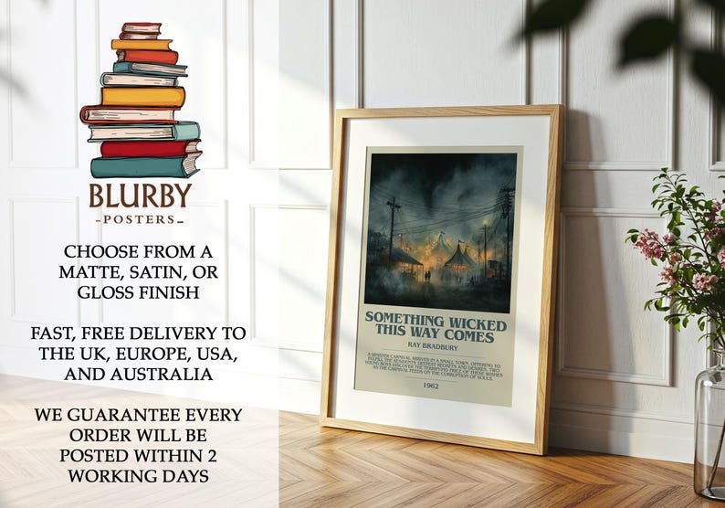 May include: Framed poster featuring the title "Something Wicked This Way Comes" by Ray Bradbury. The artwork depicts a nighttime carnival scene with tents and power lines. The poster is in a wooden frame.