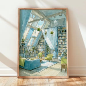 May include: A framed watercolor print of a cozy library interior. The artwork features a blue sofa, green armchairs, and a large bookshelf filled with books. The room has large windows and hanging plants, creating a bright and inviting atmosphere.
