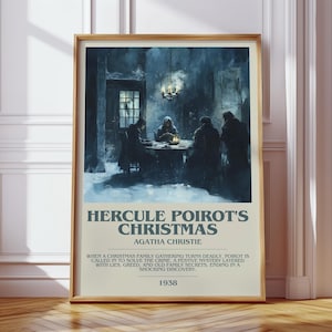 May include: Framed poster featuring the book cover for Agatha Christie's "Hercule Poirot's Christmas." The artwork depicts a dimly lit room with figures gathered around a table. Text includes the title, author, and the year 1938.
