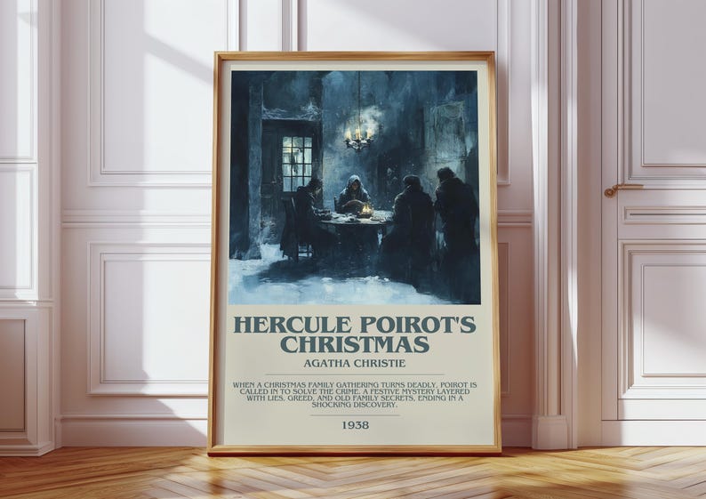May include: Framed poster featuring the book cover for Agatha Christie's "Hercule Poirot's Christmas." The artwork depicts a dimly lit room with figures gathered around a table. Text includes the title, author, and the year 1938.