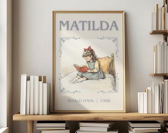 Stampa minimalista di Matilda di Roald Dahl, decorazione murale per libri per bambini, regalo per amanti dei libri, poster per l'angolo lettura.