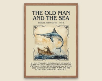 The Old Man And The Sea by Ernest Hemingway Descriptive, High Quality Poster Print. Free Delivery Wall Art.Author and Blurb Book Artwork