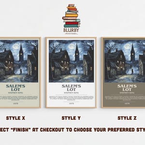 May include: Three framed posters of Stephen King's "Salem's Lot" with different color schemes. The artwork depicts a spooky town scene under a full moon. The posters have the title and author's name at the bottom, with the year 1975.