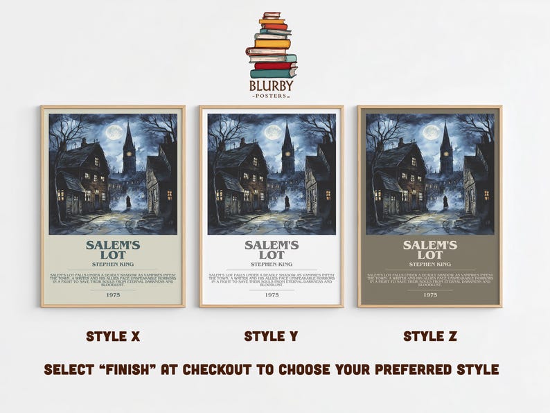 May include: Three framed posters of Stephen King's "Salem's Lot" with different color schemes. The artwork depicts a spooky town scene under a full moon. The posters have the title and author's name at the bottom, with the year 1975.