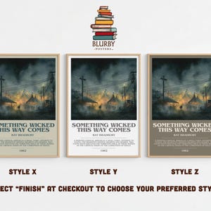 May include: Three framed posters with the text "SOMETHING WICKED THIS WAY COMES" by Ray Bradbury. The posters have different frame and background colors, with a dark, atmospheric illustration of a carnival. The text "1962" is also visible.
