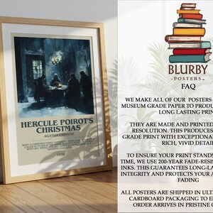 May include: Framed poster featuring a scene from Agatha Christie's "Hercule Poirot's Christmas." The artwork depicts a dimly lit room with figures gathered around a table. The poster has a beige border and includes the text "BLURBY - POSTERS" and "FAQ."