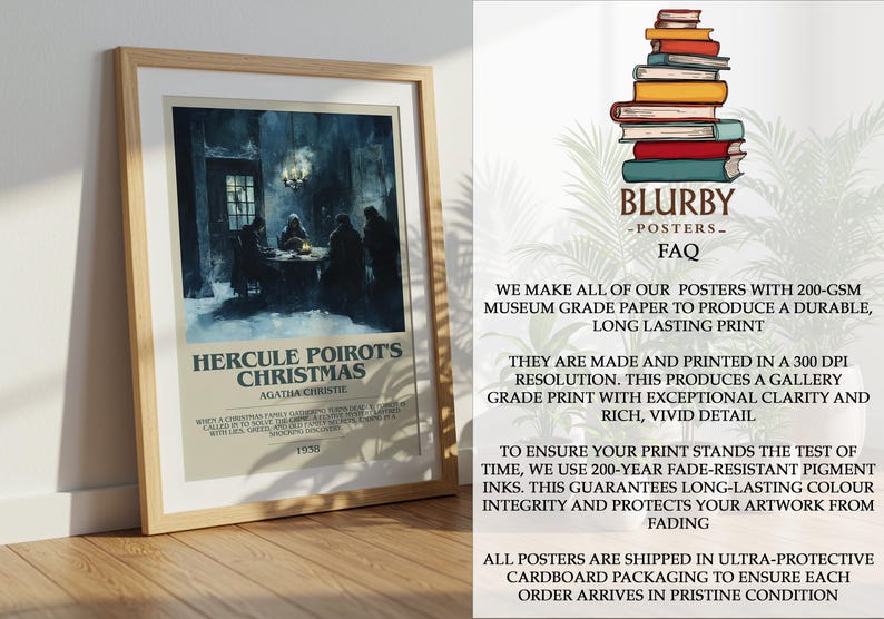 May include: Framed poster featuring a scene from Agatha Christie's "Hercule Poirot's Christmas." The artwork depicts a dimly lit room with figures gathered around a table. The poster has a beige border and includes the text "BLURBY - POSTERS" and "FAQ."
