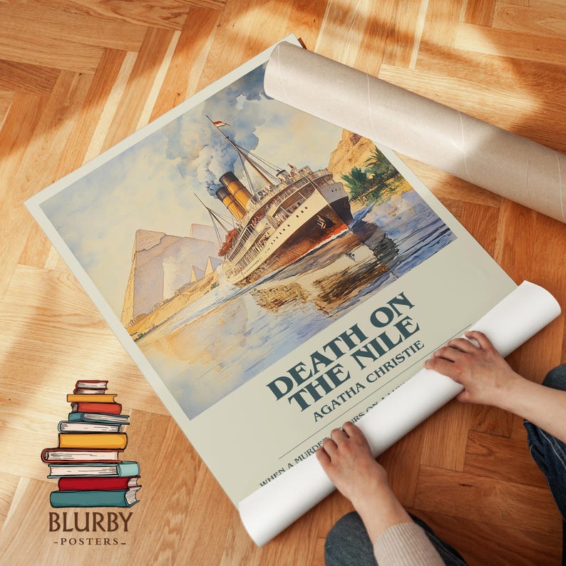 May include: A rolled poster with a vintage illustration of a ship on the Nile. The poster is titled "Death on the Nile" by Agatha Christie. The poster is cream-coloured with blue text and a colourful illustration.