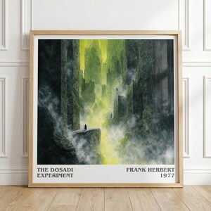 May include: A framed art print depicting a surreal cityscape with a solitary figure. The artwork showcases a towering city in green and yellow tones, with the text "THE DOSADI EXPERIMENT" and "FRANK HERBERT 1977".