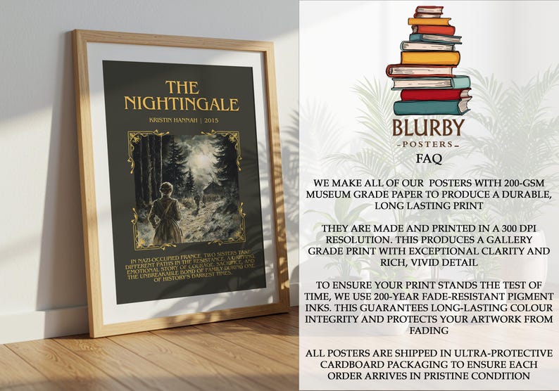 Peut inclure: Affiche encadr&eacute;e de "The Nightingale" de Kristin Hannah, 2015. L'&oelig;uvre repr&eacute;sente une silhouette marchant vers une sc&egrave;ne de for&ecirc;t, avec du texte dor&eacute;. L'affiche est dans un cadre en bois, appuy&eacute;e contre un mur.