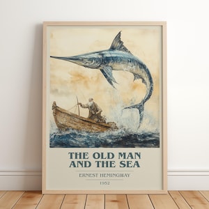 Le vieil homme et la mer d'Ernest Hemingway | Affiche de livre | Cadeau d'art littéraire pour amoureux des livres | Art mural inspiré d'un roman | Livraison gratuite