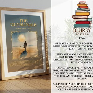 May include: Framed poster of "The Gunslinger" by Stephen King. The artwork shows a lone figure walking towards a large moon in a desert landscape. The poster is in a wooden frame.