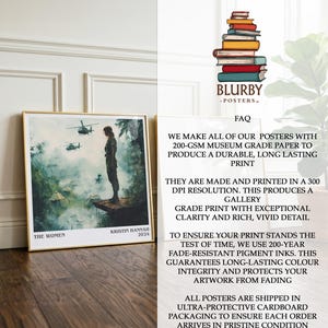 May include: A framed art print featuring a woman standing on a ledge, with helicopters in the background. The print is titled "The Women" by Kristin Hannah, 2024. The print is from Blurbyposters.