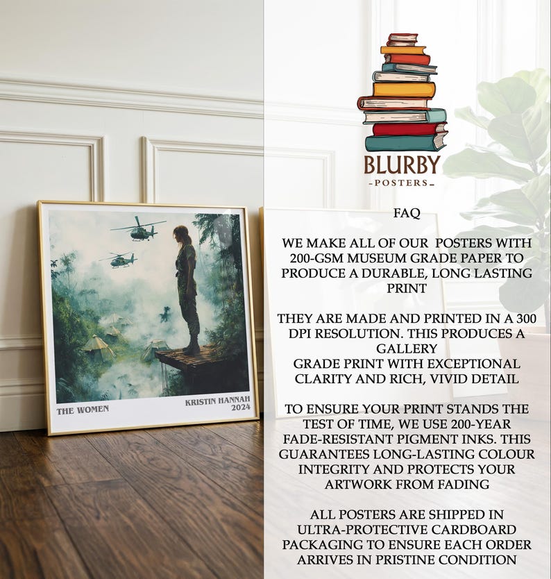May include: A framed art print featuring a woman standing on a ledge, with helicopters in the background. The print is titled "The Women" by Kristin Hannah, 2024. The print is from Blurbyposters.