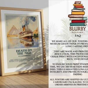 May include: A framed poster of Agatha Christie's "Death on the Nile". The artwork is a watercolour illustration of a ship sailing on a river, with pyramids in the background. The poster includes the text "Death on the Nile" and "1937".