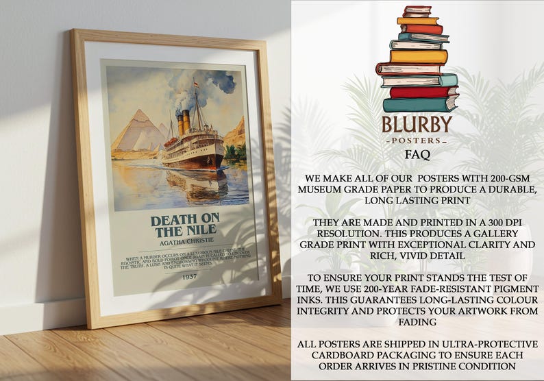 May include: A framed poster of Agatha Christie's "Death on the Nile". The artwork is a watercolour illustration of a ship sailing on a river, with pyramids in the background. The poster includes the text "Death on the Nile" and "1937".