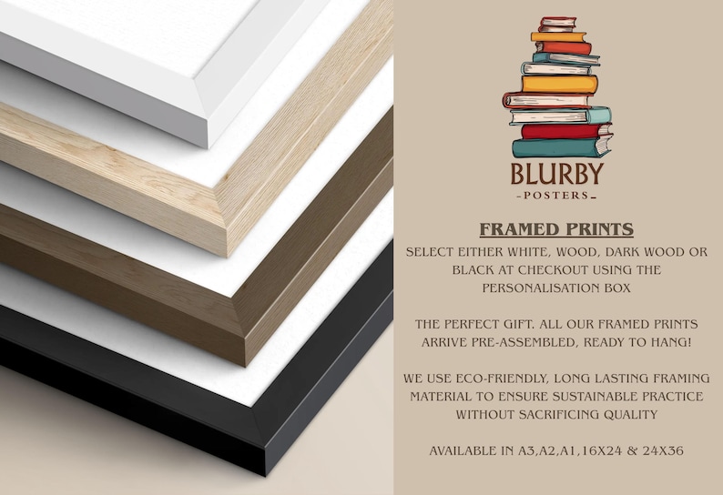 The image is an advertisement for framed prints, showcasing various wood and black frames available in different sizes.