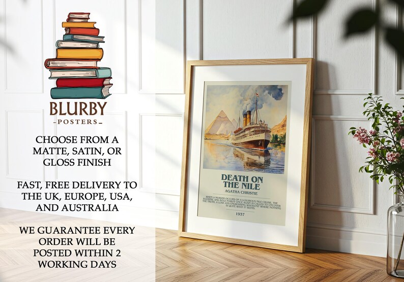 May include: A framed poster depicting a vintage scene of a ship sailing on a river, with pyramids in the background. The poster is titled "Death on the Nile" by Agatha Christie, 1937. The poster is in a wooden frame.