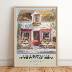 Póster moderno minimalista de La casa de tortitas Strawberry Patch de Laurie Gilmore, arte de libros románticos, regalo para amantes de la lectura, lámina para rincón de lectura.