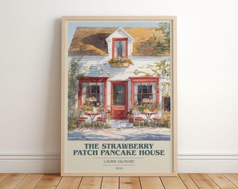 Plakat „The Strawberry Patch Pancake House” Laurie Gilmore w nowoczesnym minimalistycznym stylu, sztuka książki o tematyce romantycznej, prezent dla miłośników książek, wydruk w kąciku czytelniczym