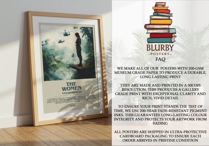 Puede incluir: P&oacute;ster enmarcado titulado "The Women" que presenta a una mujer de pie en un acantilado, con helic&oacute;pteros en el fondo. El p&oacute;ster tiene un fondo beige y est&aacute; en un marco de madera. El p&oacute;ster es de Blurby Posters.