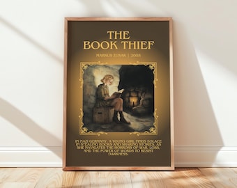 Pôster do livro "A Menina que Roubava Livros" de Markus Zusak, arte de parede literária de ficção histórica, presente para amantes de livros, impressão para cantinho de leitura.