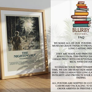 May include: Framed poster of "The Nightingale" by Kristin Hannah, featuring a woman walking through a forest. The poster has a light-colored background with text at the bottom. The frame is made of light-colored wood.