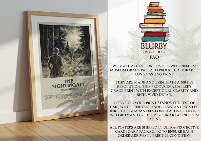 May include: Framed poster of "The Nightingale" by Kristin Hannah, featuring a woman walking through a forest. The poster has a light-colored background with text at the bottom. The frame is made of light-colored wood.