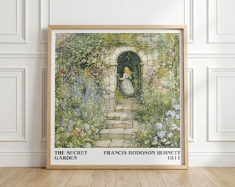 Il giardino segreto di Frances Hodgson Burnett, stampa quadrata del libro, decorazione murale letteraria per bambini, regalo per lettori, poster per l'angolo lettura