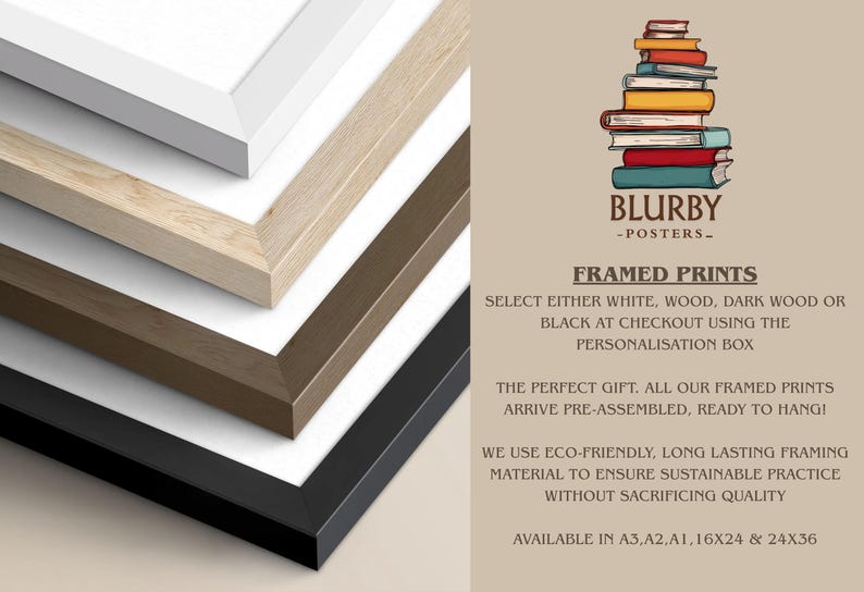 The image is an advertisement for framed prints, showcasing various wood and black frames available in different sizes.