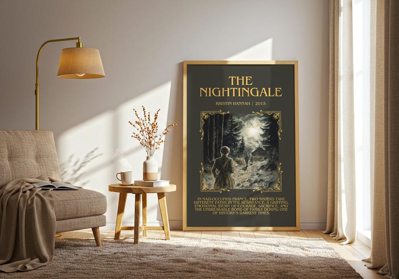 Peut inclure: A framed poster with the title "The Nightingale" in gold letters. The image inside depicts a woman walking on a path through a forest. The poster is displayed in a room with a chair, lamp, and a small side table.