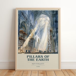 Les piliers de la terre par Ken Follett affiche minimaliste moderne, livre d'art de fiction historique, cadeau livresque, impression coin lecture
