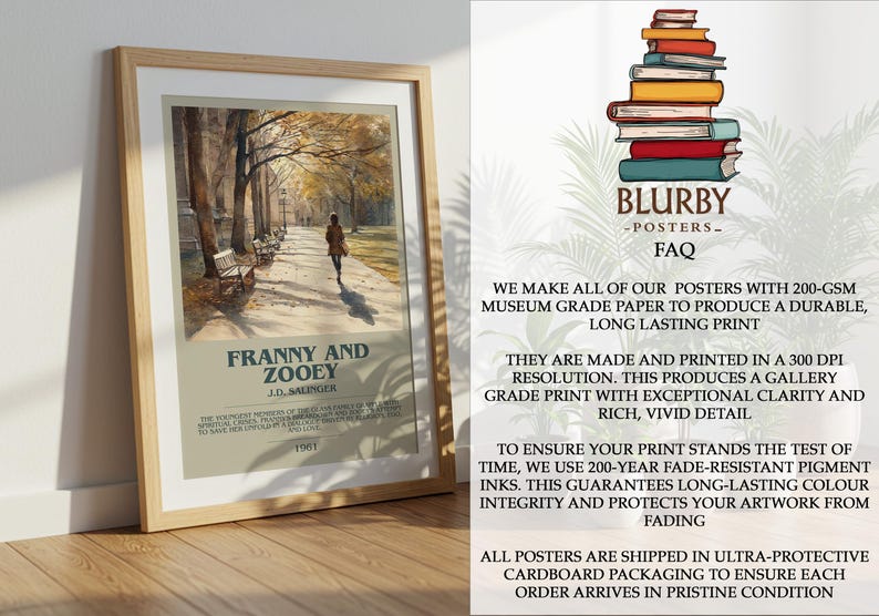 K&ouml;nnte beinhalten: Gerahmtes Poster mit dem Buch "Franny and Zooey" von J.D. Salinger. Das Kunstwerk zeigt eine Person, die auf einem Weg mit B&auml;umen und B&auml;nken spaziert. Das Poster ist in einem Holzrahmen.