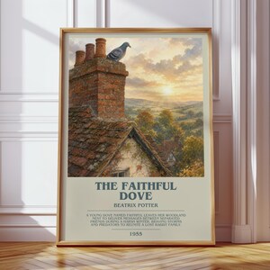 Könnte beinhalten: Ein gerahmter Kunstdruck mit dem Titel The Faithful Dove von Beatrix Potter, 1955. Das Bild zeigt eine graue Taube, die auf einem Backsteinschornstein auf einem Ziegeldach sitzt und eine hügelige Landschaft bei Sonnenuntergang überblickt.