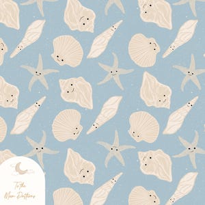 Coastal Seashell and Starfish Pattern - Nautical Beach Digital Paper, Seamless Ocean-Themed, Hand-Drawn Shells in Blue on Cream