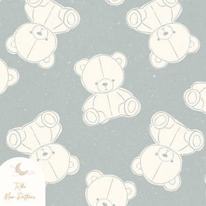 May include: A seamless pattern featuring white teddy bears on a light blue background. The pattern is perfect for baby nursery decor, fabric, or wallpaper.