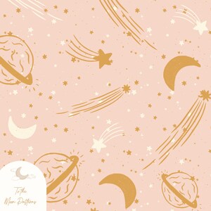 Himmlisches Goldraummuster, Planeten, Monde und Sternschnuppen-nahtloses digitales Design, digitales Papier, Galaxie-nahtloses Muster